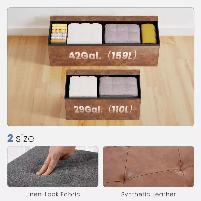 Pouffe de rangement, tabouret de bout de lit en similicuir, siège rembourré en mousse épaissie
