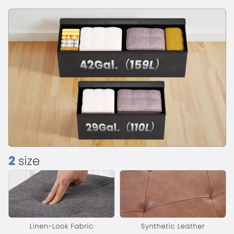 Pouffe de rangement, tabouret de bout de lit en similicuir, siège rembourré en mousse épaissie