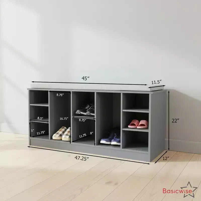Banc à Chaussures en Bois Multi-Usages avec Siège Rembourré, Compartiments Ouverts et Organisateur Polyvalent pour Chaussures et Accessoires