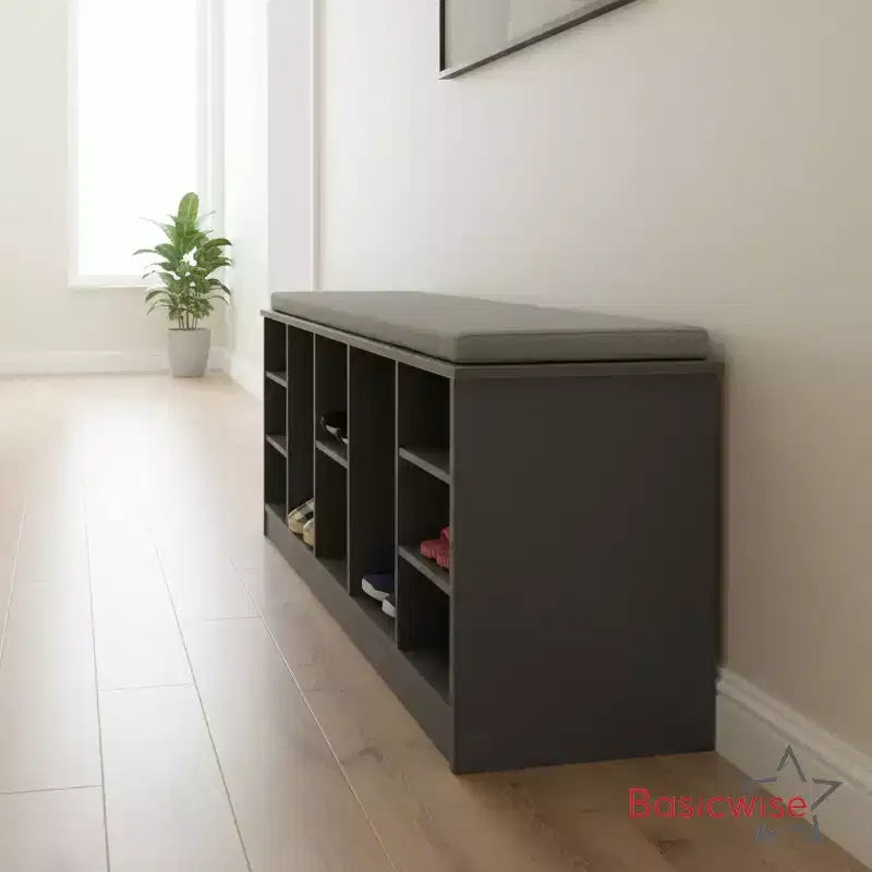Banc à Chaussures en Bois Multi-Usages avec Siège Rembourré, Compartiments Ouverts et Organisateur Polyvalent pour Chaussures et Accessoires