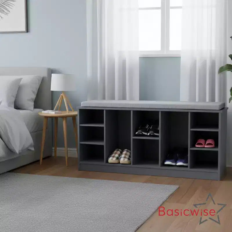 Banc à Chaussures en Bois Multi-Usages avec Siège Rembourré, Compartiments Ouverts et Organisateur Polyvalent pour Chaussures et Accessoires