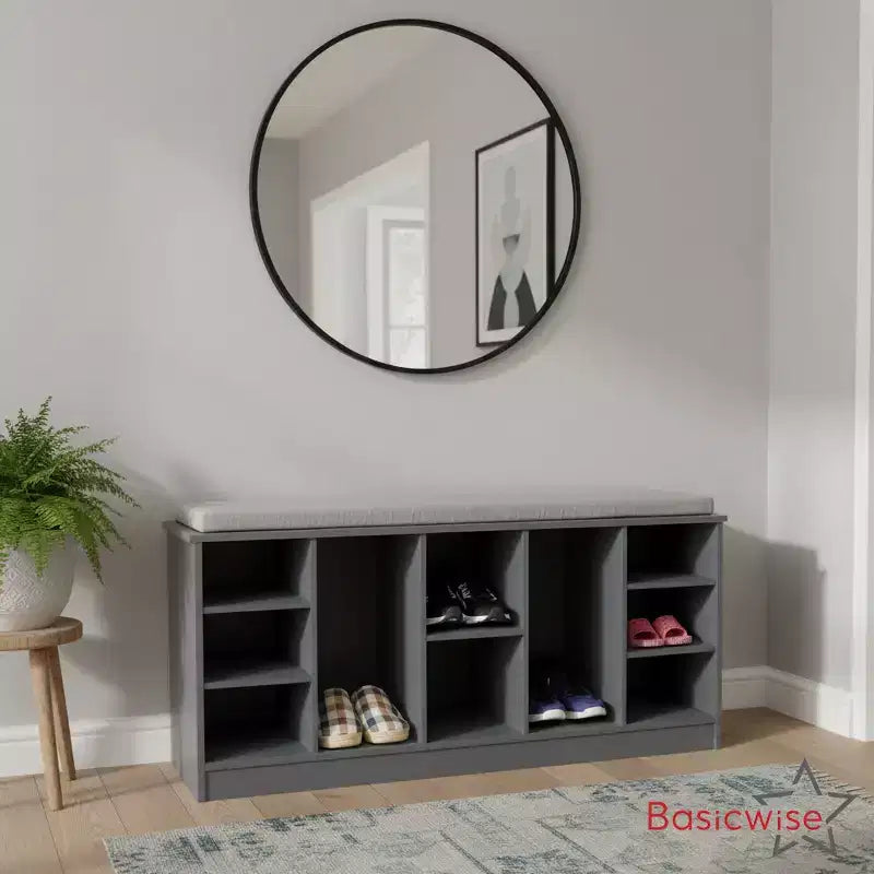 Banc à Chaussures en Bois Multi-Usages avec Siège Rembourré, Compartiments Ouverts et Organisateur Polyvalent pour Chaussures et Accessoires