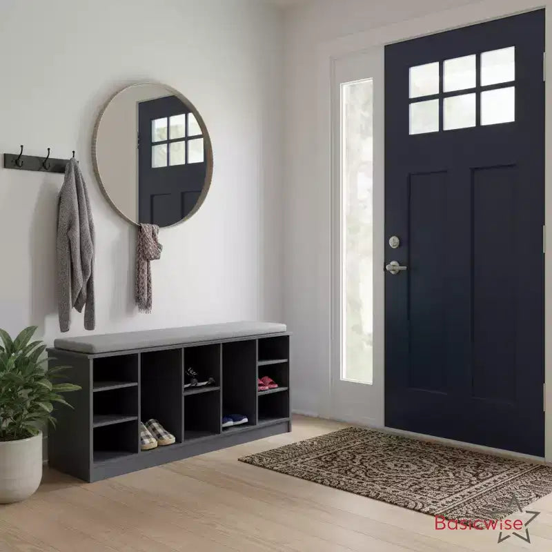 Banc à Chaussures en Bois Multi-Usages avec Siège Rembourré, Compartiments Ouverts et Organisateur Polyvalent pour Chaussures et Accessoires