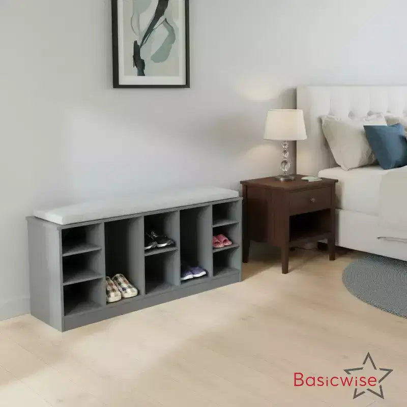 Banc à Chaussures en Bois Multi-Usages avec Siège Rembourré, Compartiments Ouverts et Organisateur Polyvalent pour Chaussures et Accessoires