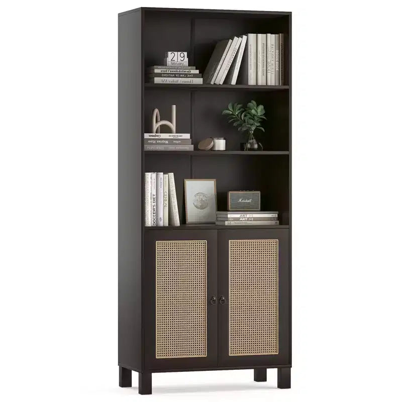 Grande étagère à cinq niveaux, portes en rotin, rayonnage de rangement en bois