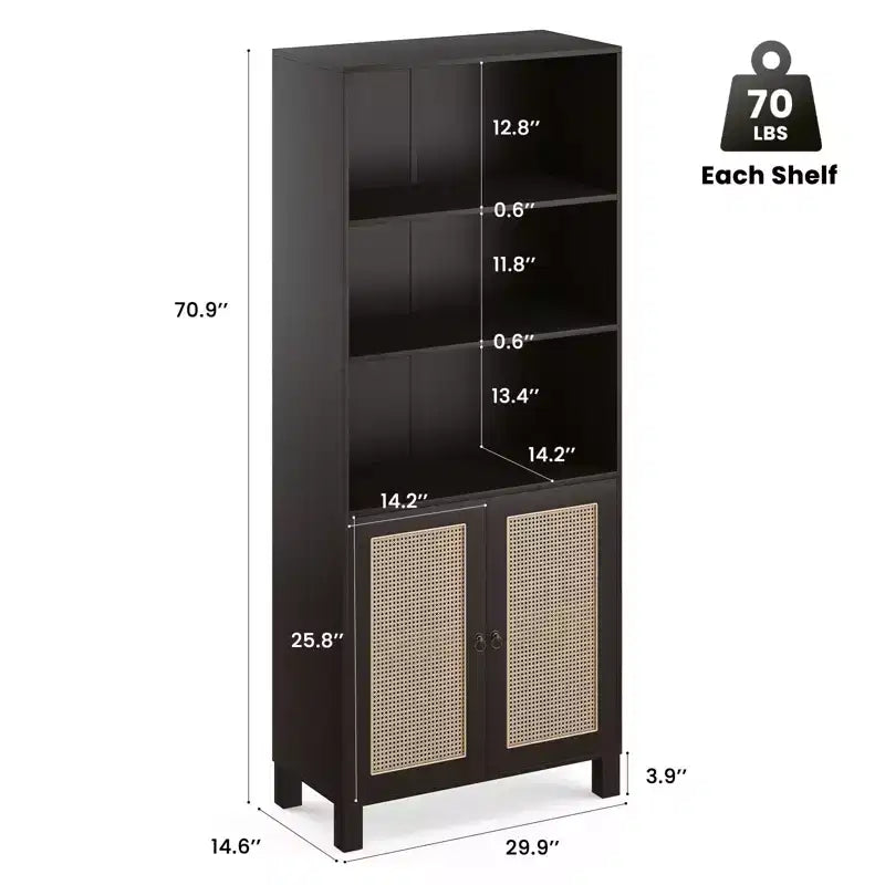 Grande étagère à cinq niveaux, portes en rotin, rayonnage de rangement en bois