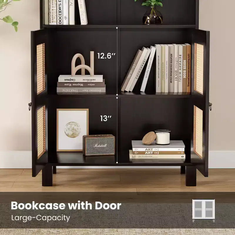 Grande étagère à cinq niveaux, portes en rotin, rayonnage de rangement en bois