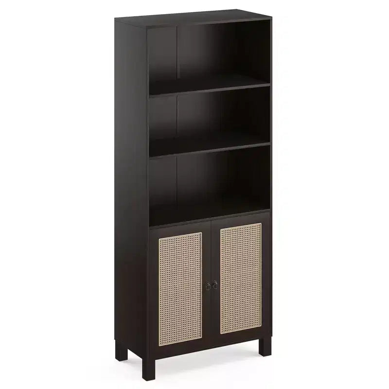 Grande étagère à cinq niveaux, portes en rotin, rayonnage de rangement en bois