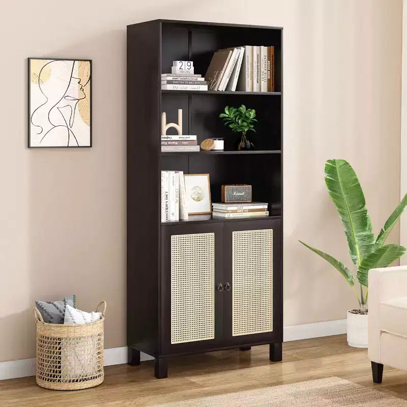 Grande étagère à cinq niveaux, portes en rotin, rayonnage de rangement en bois