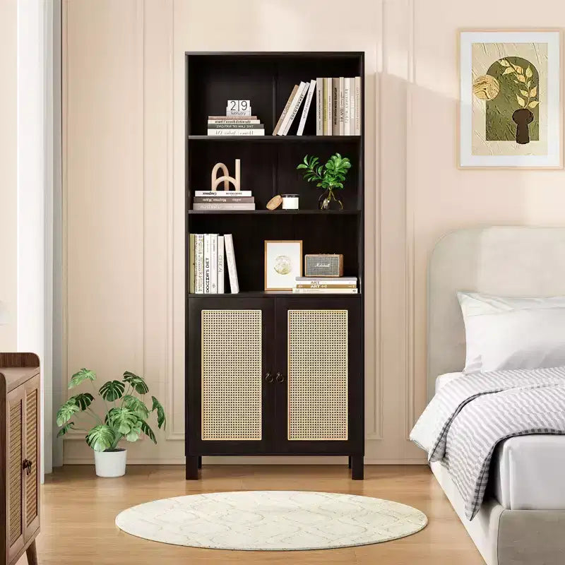 Grande étagère à cinq niveaux, portes en rotin, rayonnage de rangement en bois