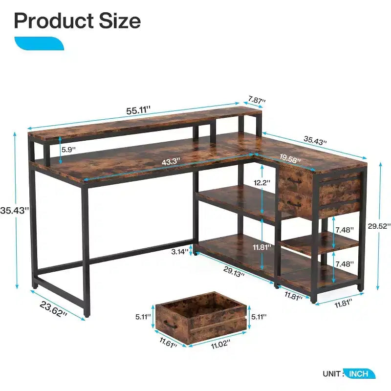 Bureau d'angle avec tiroirs et étagères de rangement, et support d'écran.