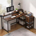 Bureau d'angle avec tiroirs et étagères de rangement, et support d'écran.