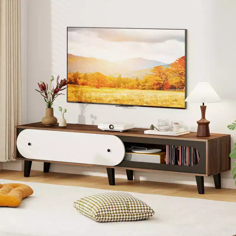 Meuble TV w/Porte Coulissante Trous Passe-Câbles pour Téléviseurs 80''