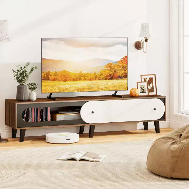 Meuble TV w/Porte Coulissante Trous Passe-Câbles pour Téléviseurs 80''