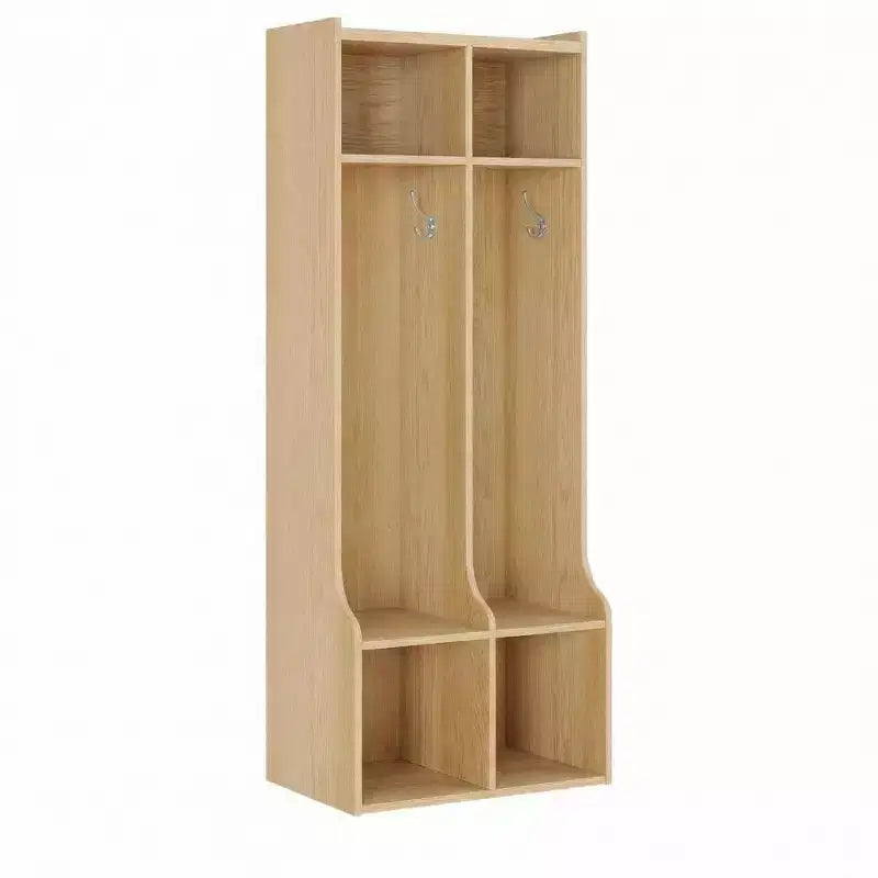 Armoire à double couche avec quatre compartiments de rangement et quatre crochets, durable.