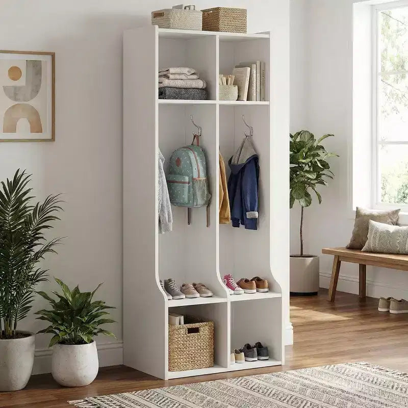 Armoire à double couche avec quatre compartiments de rangement et quatre crochets, durable.