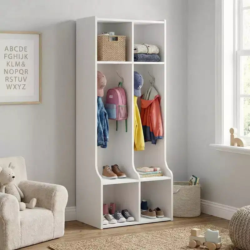Armoire à double couche avec quatre compartiments de rangement et quatre crochets, durable.