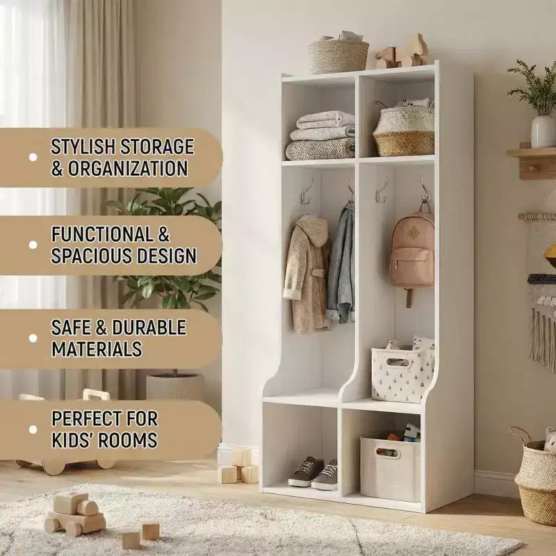 Armoire à double couche avec quatre compartiments de rangement et quatre crochets, durable.