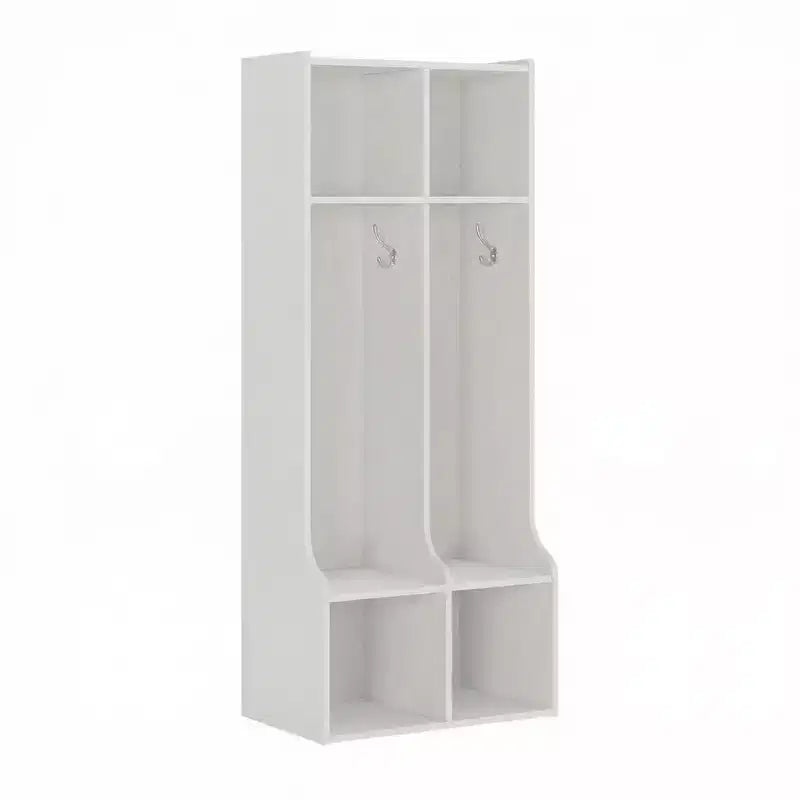 Armoire à double couche avec quatre compartiments de rangement et quatre crochets, durable.