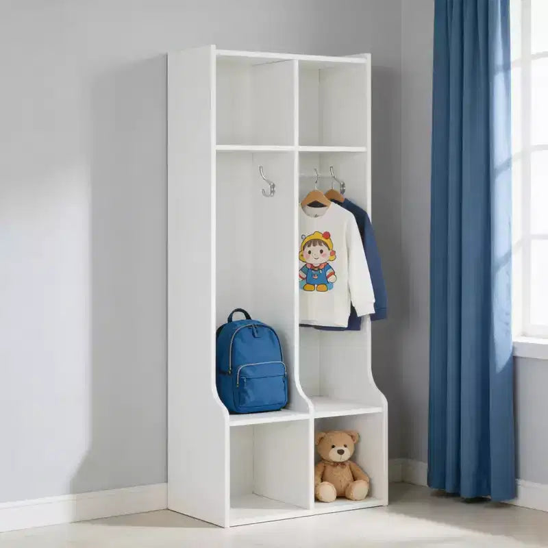 Armoire à double couche avec quatre compartiments de rangement et quatre crochets, durable.