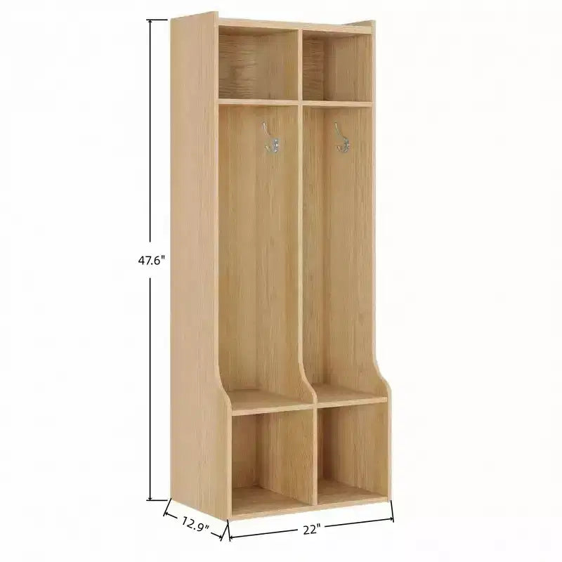 Armoire à double couche avec quatre compartiments de rangement et quatre crochets, durable.