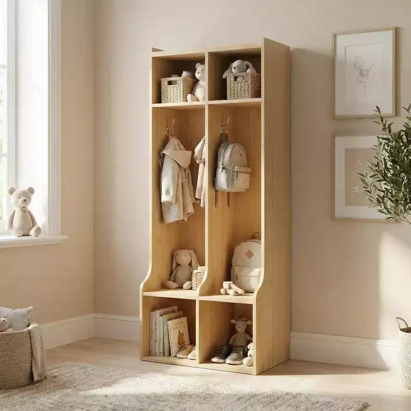 Armoire à double couche avec quatre compartiments de rangement et quatre crochets, durable.