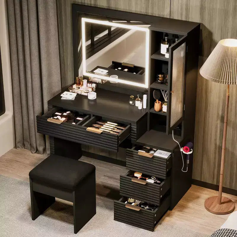 Coiffeuse moderne en bois avec tabouret et miroir LED.