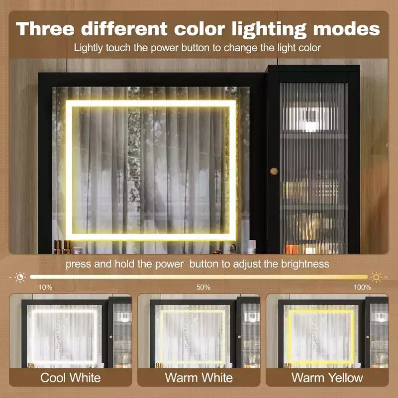 Coiffeuse moderne en bois avec tabouret et miroir LED.