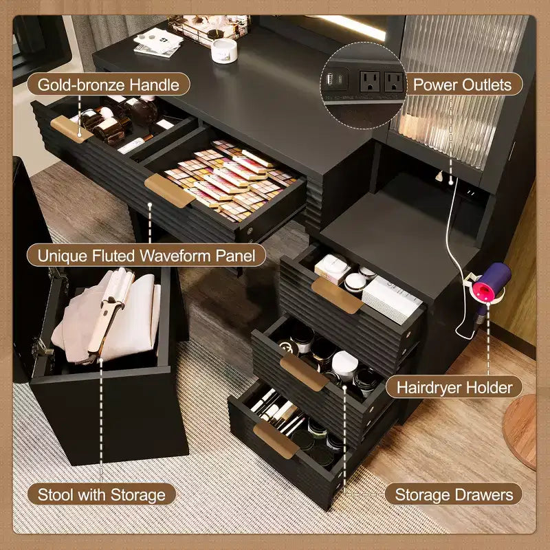 Coiffeuse moderne en bois avec tabouret et miroir LED.
