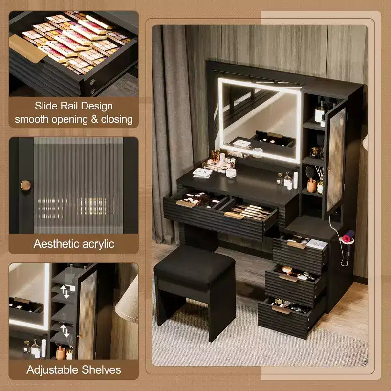 Coiffeuse moderne en bois avec tabouret et miroir LED.