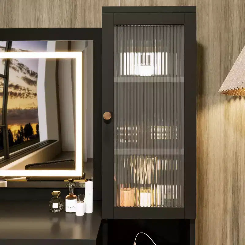 Coiffeuse moderne en bois avec tabouret et miroir LED.