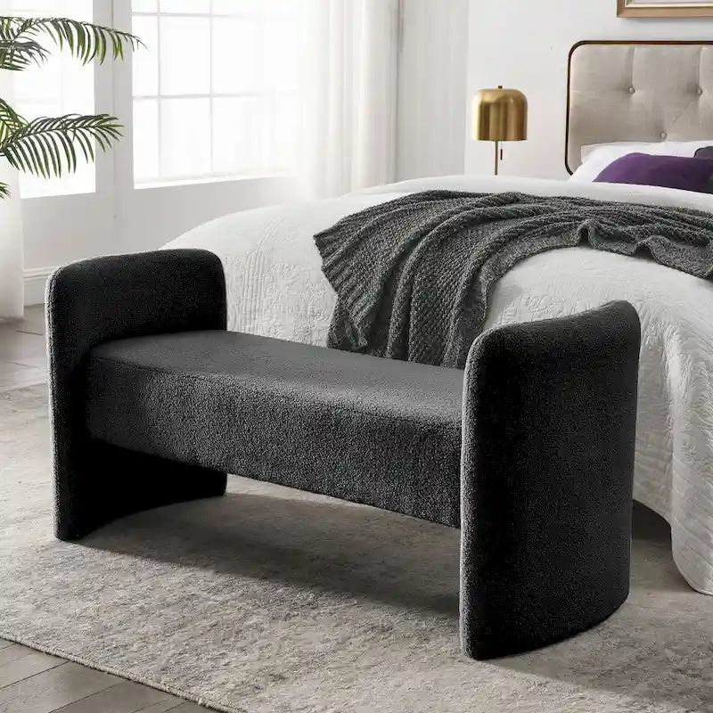 Banc capitonné en polyester avec piètement en H, design moderne et polyvalent.