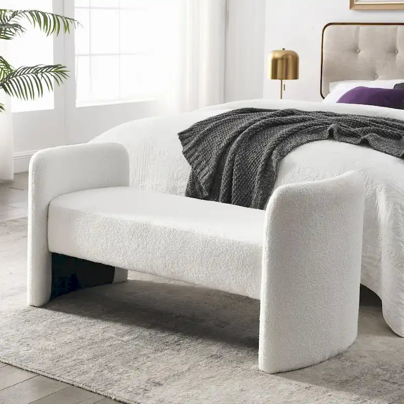 Banc capitonné en polyester avec piètement en H, design moderne et polyvalent.