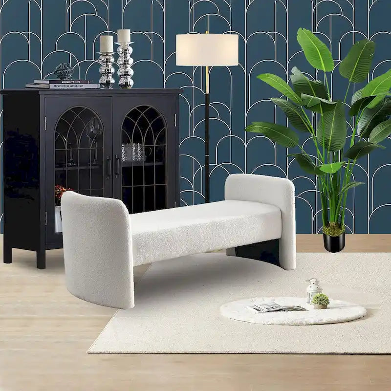 Banc capitonné en polyester avec piètement en H, design moderne et polyvalent.