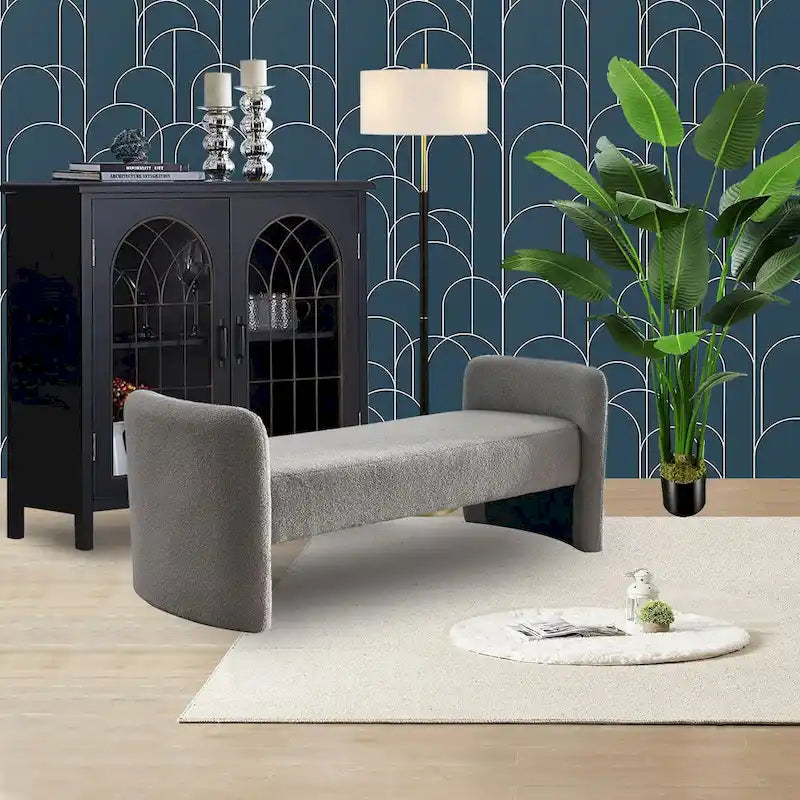 Banc capitonné en polyester avec piètement en H, design moderne et polyvalent.