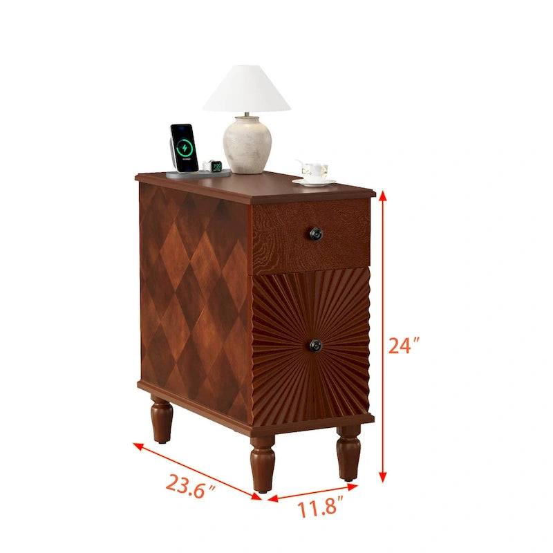 Table d'appoint de canapé moderne à double tiroir, table d'appoint étroite en bois massif