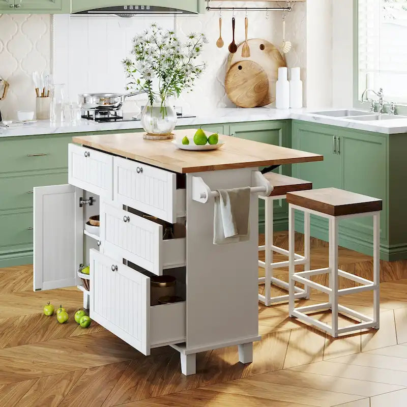 Ensemble îlot de cuisine avec table pliante et deux chaises