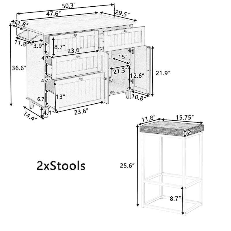 Ensemble îlot de cuisine avec table pliante et deux chaises