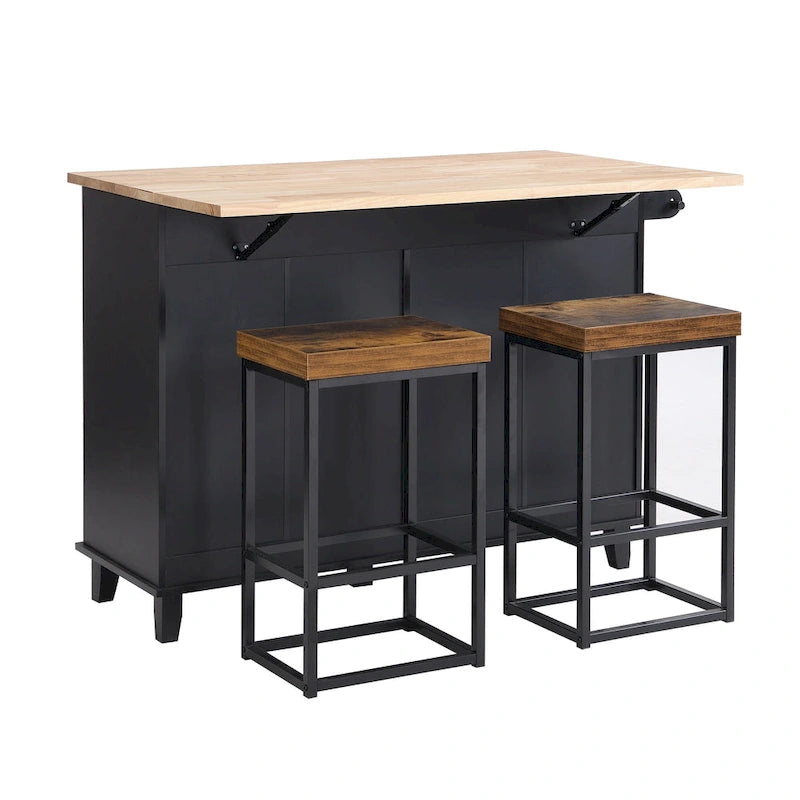 Ensemble îlot de cuisine avec table pliante et deux chaises