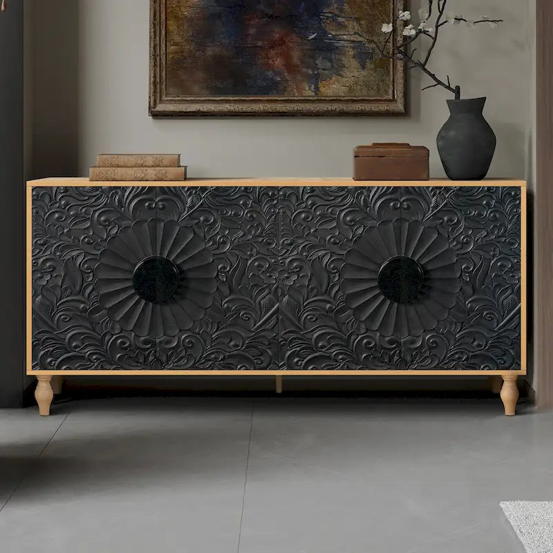 Meuble TV décoratif pour salon, étagères de rangement et pieds en bois massif