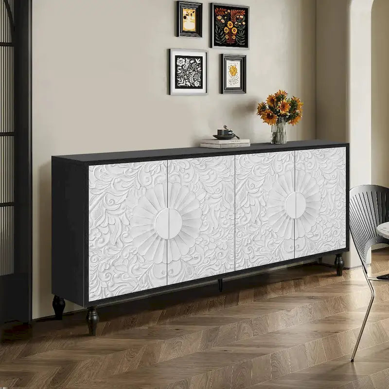 Meuble TV décoratif pour salon, étagères de rangement et pieds en bois massif