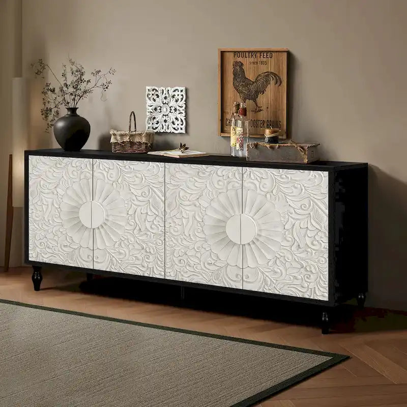 Meuble TV décoratif pour salon, étagères de rangement et pieds en bois massif