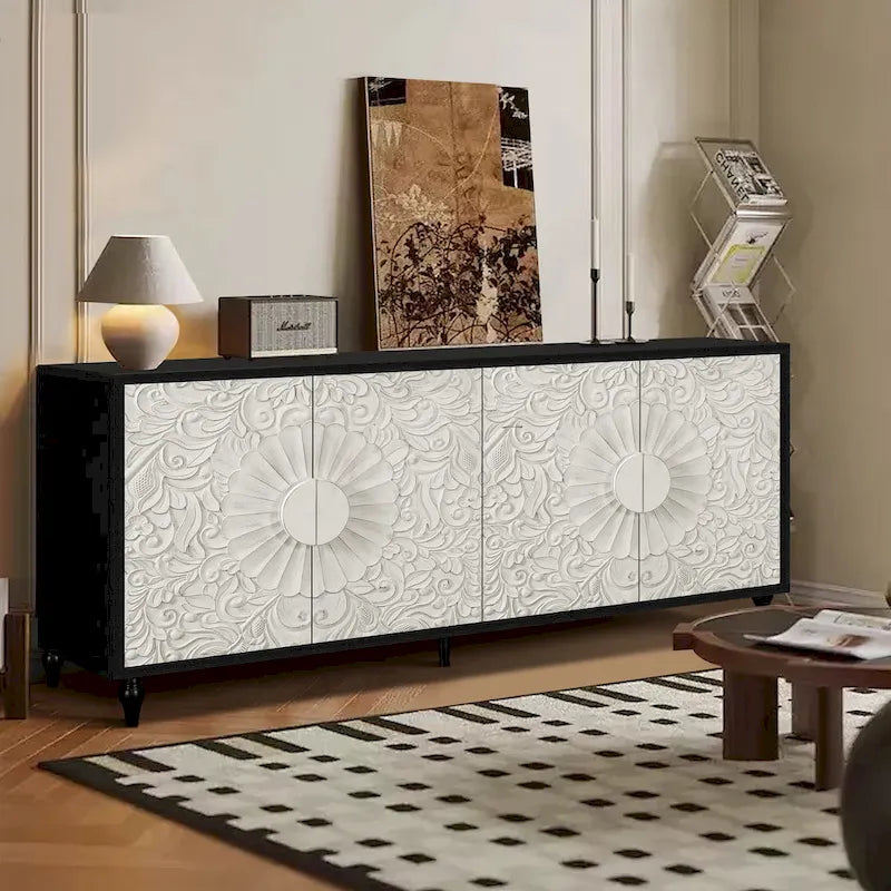 Meuble TV décoratif pour salon, étagères de rangement et pieds en bois massif