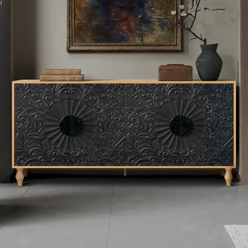 Meuble TV décoratif pour salon, étagères de rangement et pieds en bois massif