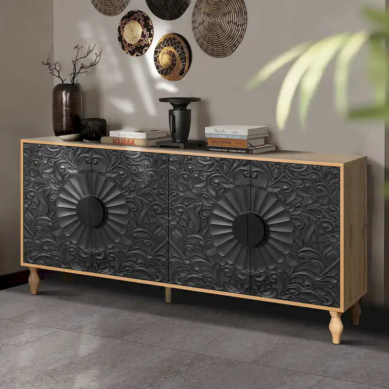Meuble TV décoratif pour salon, étagères de rangement et pieds en bois massif