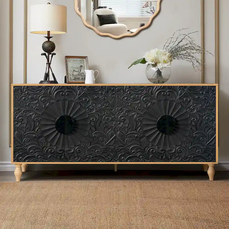 Meuble TV décoratif pour salon, étagères de rangement et pieds en bois massif