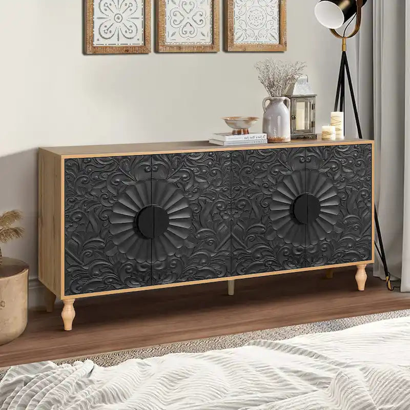 Meuble TV décoratif pour salon, étagères de rangement et pieds en bois massif