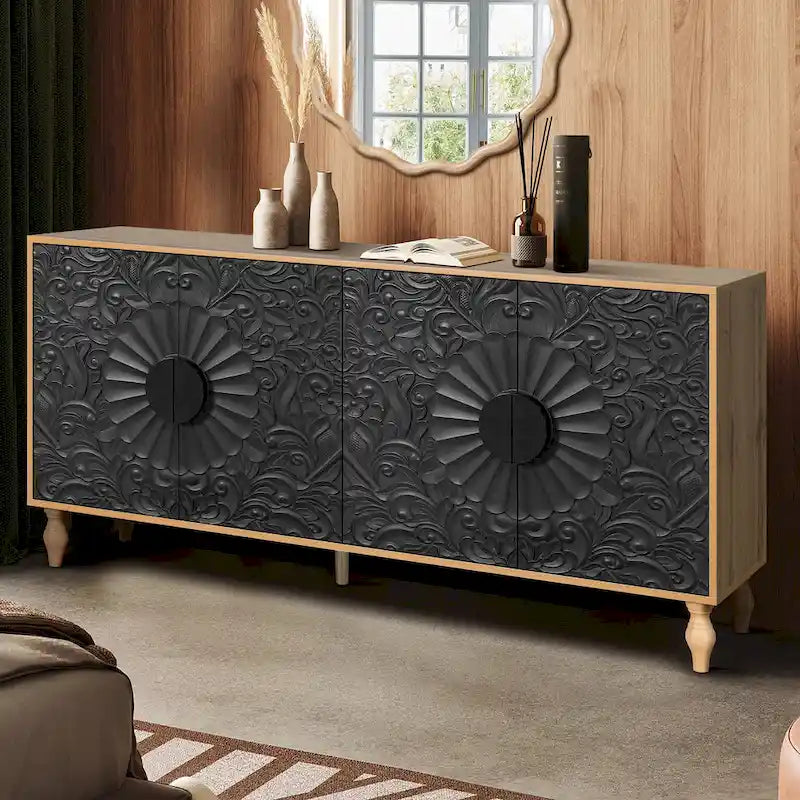 Meuble TV décoratif pour salon, étagères de rangement et pieds en bois massif