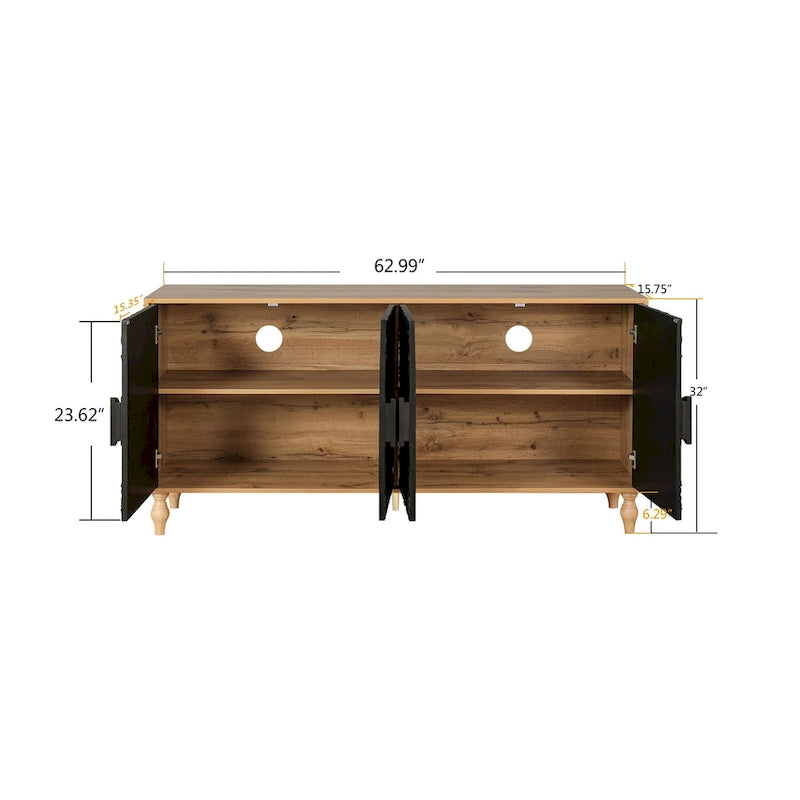 Meuble TV décoratif pour salon, étagères de rangement et pieds en bois massif
