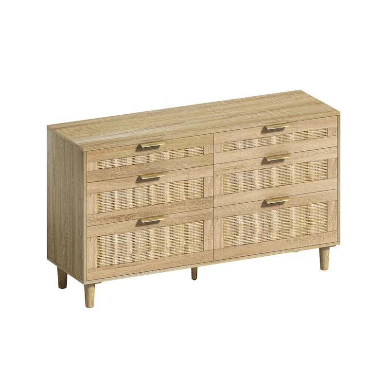 Commode six tiroirs en rotin avec poignées métalliques et pieds en bois
